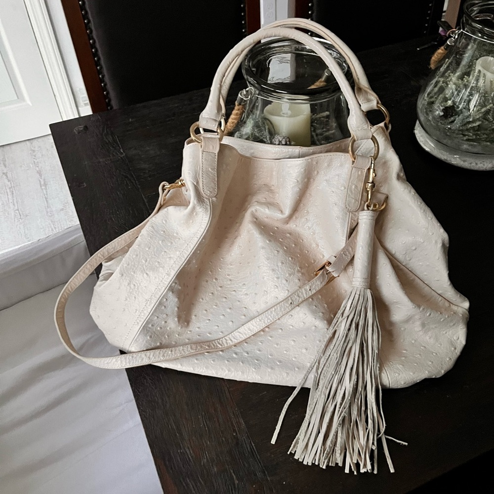 LARGE AUTHENTIC CRÈME COLORED LEATHER OSTRICH BAG - Picture 4 of 16